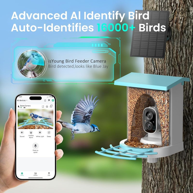 isYoung Smart Bird Feeder with Camera, 2K HD, Dual Granary, AI Identify 16,000+ Birds, Auto-Capture, Motion Detection, 5W Solar, 170° Wide View, Ideal Gift for Birds Lovers, Outdoor Bird Watching. - Image 2